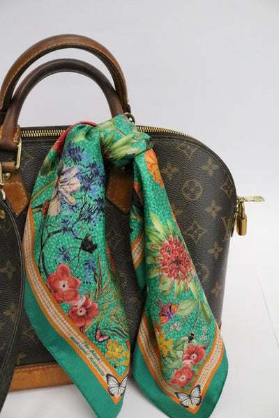 'Botanica Emerald' mini 100% Silk Kerchief Italian made Scarf  53cm x 53cm - The Block Collection