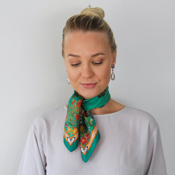 'Botanica Emerald' SMALL Silk Kerchief Scarf  53cm x 53cm - The Block Collection