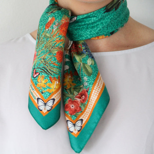 'Botanica Emerald' SMALL Silk Kerchief Scarf  53cm x 53cm - The Block Collection