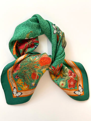 'Botanica Emerald' mini 100% Silk Kerchief Italian made Scarf  53cm x 53cm